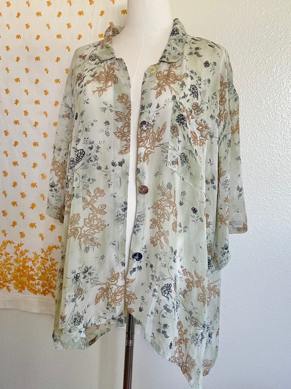 Monika Turtle Studio Sheer Floral Button Down Blouse XL
